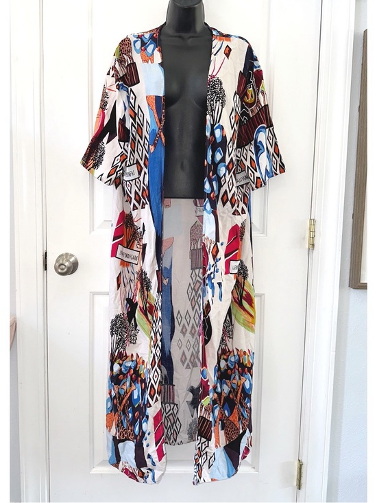 Tops - Duster kimono featuring a bold, multicolor tribal and geometric print